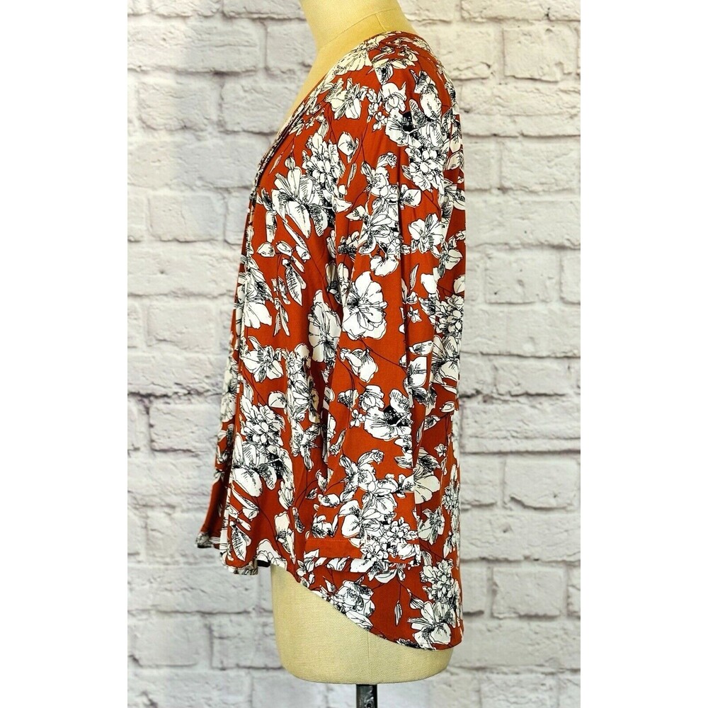 Maley Womens SMALL Top Pleated Detail V Neck Floral Shirt 3/4‎ Sleeve Rust White - Picture 10 of 12